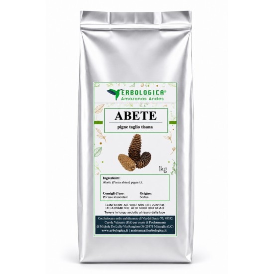 Busta argentata Erbologica Amazonas Andes con Abete pigne taglio tisana 1kg ed etichetta botanica verde per uso alimentare.
