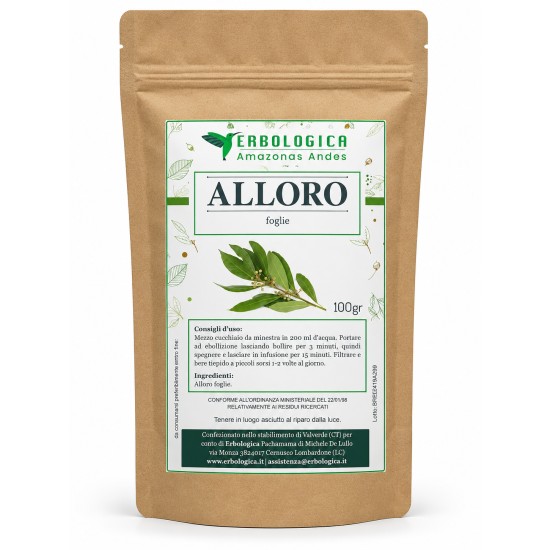 Alloro Foglie Taglio Tisana 100gr Erbologica Amazonas Andes Busta kraft Erbologica Amazonas Andes con Alloro foglie taglio tisana 100gr, confezione per uso alimentare.