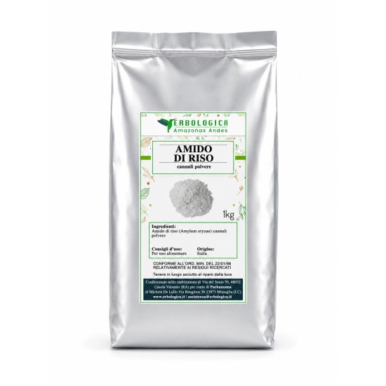 Amido di riso cannuli polvere 1 kg Erbologica Amazonas Andes Confezione da 1 kg di Amido di riso cannuli in polvere Erbologica Amazonas Andes con immagine del prodotto in etichetta.