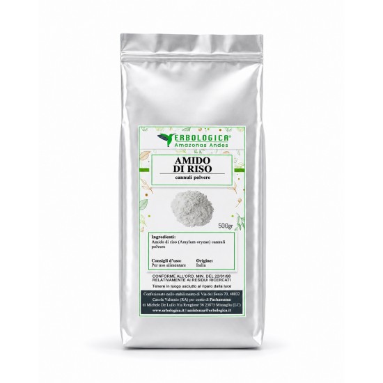 Amido di riso cannuli polvere 500 g Erbologica Amazonas Andes Pack da 500 g di Amido di riso cannuli in polvere Erbologica Amazonas Andes con grafica del prodotto frontale.