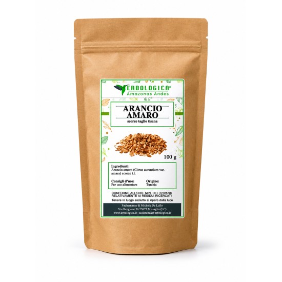 Arancio Amaro Scorze Taglio Tisana 100 gr Erbologica Amazonas Andes Busta kraft Erbologica Amazonas Andes con Arancio Amaro scorze taglio tisana 100 gr ed etichetta botanica verde.