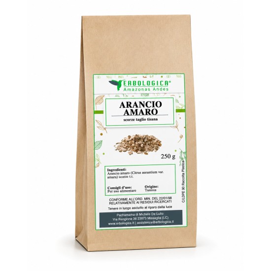 Arancio Amaro Scorze Taglio Tisana 250 gr Erbologica Amazonas Andes Sacchetto in carta kraft Erbologica Amazonas Andes con Arancio Amaro scorze taglio tisana 250 gr ed etichetta botanica verde.
