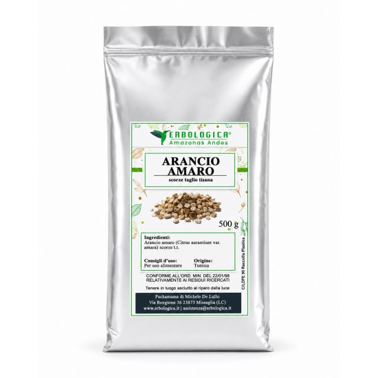 Arancio Amaro Scorze Taglio Tisana 500 gr Busta argentata con Arancio Amaro scorze taglio tisana 500 gr Erbologica Amazonas Andes.