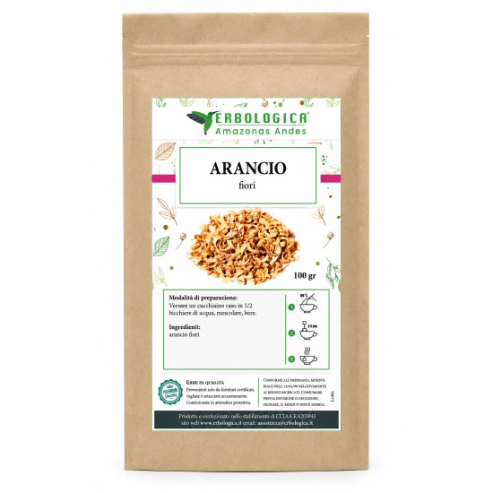 Arancio Fiori tisana 100 gr Erbologica Amazonas Andes usta di carta kraft Erbologica Amazonas Andes con Arancio fiori tisana 100 gr ed etichetta botanica verde.