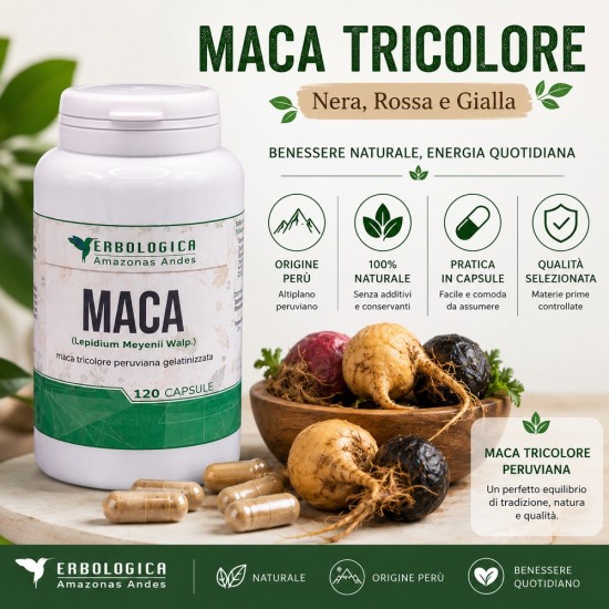 Maca Tricolore Peruviana Gelatinizzata 120 Capsule Erbologica Amazonas Andes integratore naturale in capsule con maca nera rossa e gialla origine Perù.