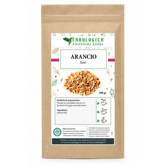 usta di carta kraft Erbologica Amazonas Andes con Arancio fiori tisana 100 gr ed etichetta botanica verde.