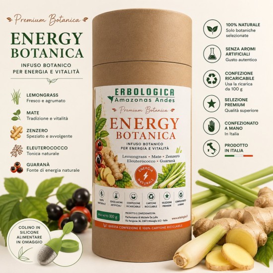 Energy Botanica Infuso Botanico Premium con Lemongrass Mate Zenzero Eleuterococco Guaranà Confezione Energy Botanica infuso botanico premium con Lemongrass, Mate, Zenzero, Eleuterococco e Guaranà