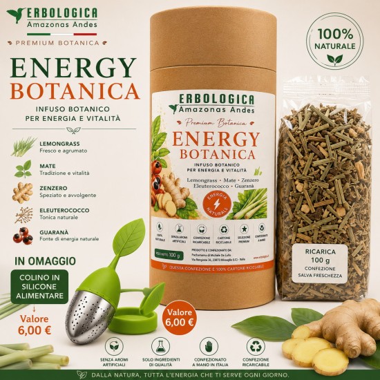 Energy Botanica Infuso Botanico Premium con Lemongrass Mate Zenzero Eleuterococco Guaranà Confezione Energy Botanica infuso botanico premium con Lemongrass, Mate, Zenzero, Eleuterococco e Guaranà
