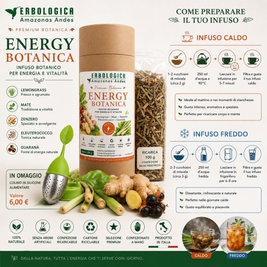Energy Botanica Infuso Botanico Premium con Lemongrass Mate Zenzero Eleuterococco Guaranà Confezione Energy Botanica infuso botanico premium con Lemongrass, Mate, Zenzero, Eleuterococco e Guaranà