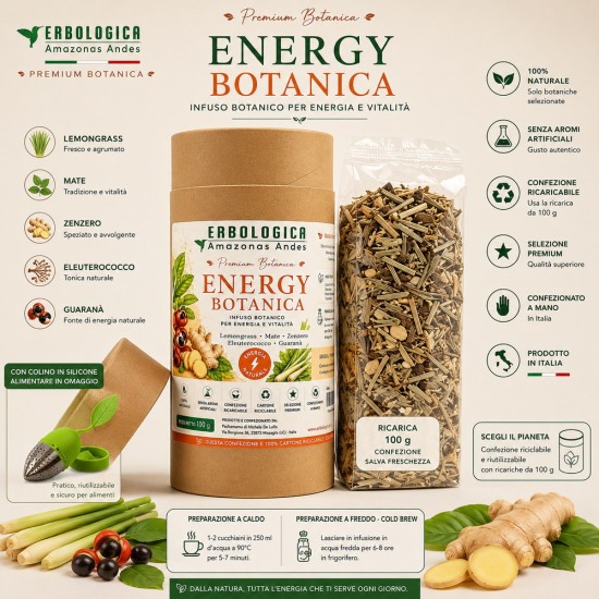Energy Botanica Infuso Botanico Premium con Lemongrass Mate Zenzero Eleuterococco Guaranà Confezione Energy Botanica infuso botanico premium con Lemongrass, Mate, Zenzero, Eleuterococco e Guaranà