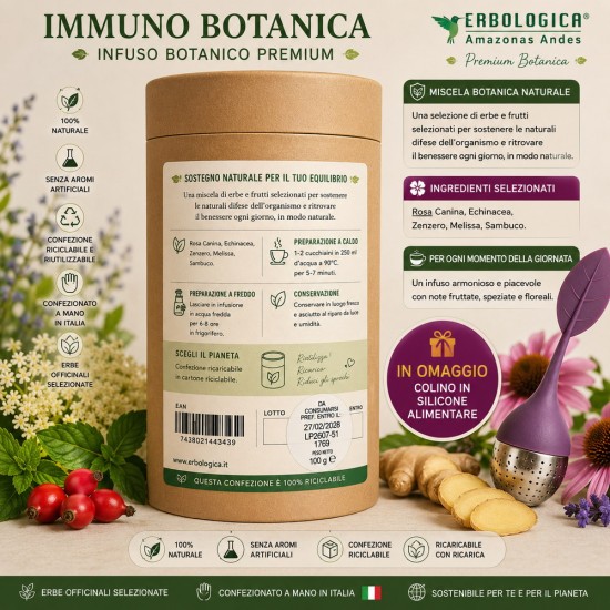 Immuno Botanica Premium con Rosa Canina, Echinacea, Zenzero, Melissa e Sambuco - Infuso botanico confezionato a mano in Italia