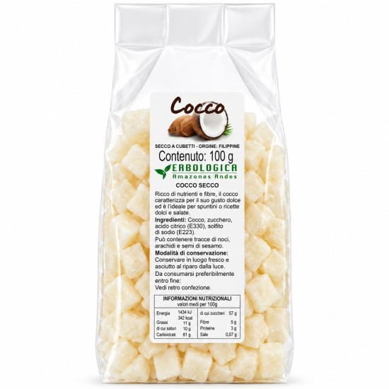Cocco Secco a Cubetti Cocco secco a cubetti in confezione da 100 g venduto da Erbologica