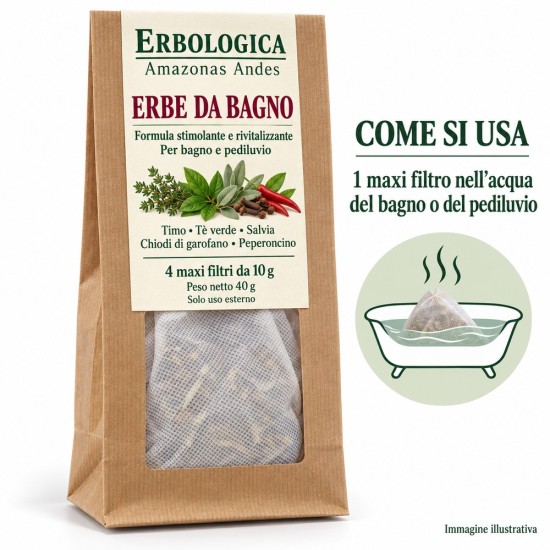 Erbe da bagno formula stimolante e rivitalizzante Erbologica Confezione Erbologica di erbe da bagno formula stimolante e rivitalizzante per bagno e pediluvio