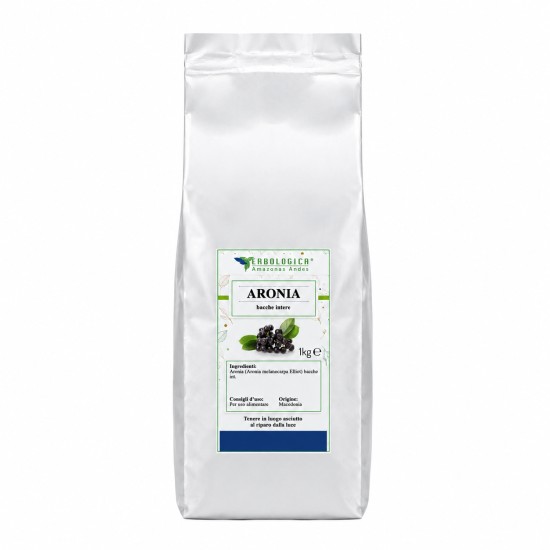 Aronia Bacche Intere Erbologica Amazonas Andes 1kg Busta argentata da 1kg di Aronia bacche intere Erbologica Amazonas Andes con etichetta frontale botanica.