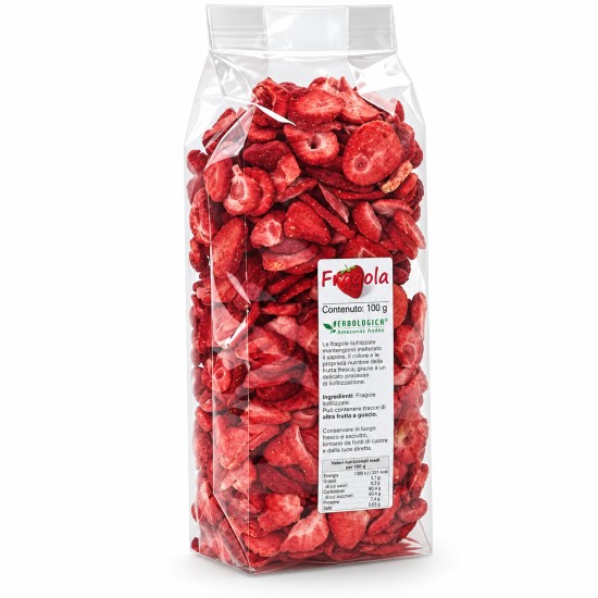 Fragole a Fette Liofilizzate 100 g - Erbologica Fragole a fette liofilizzate 100 g in confezione trasparente Erbologica Amazonas Andes
