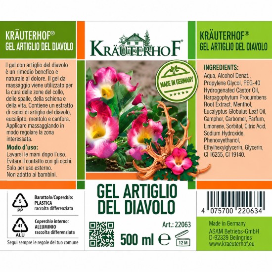 Etichetta Gel Artiglio del Diavolo Kräuterhof 500 ml con ingredienti e indicazioni, disponibile su Erbologica Amazonas Andes