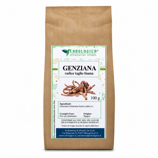 Genziana Radice Taglio Tisana 100 g – Erbologica Amazonas Andes Genziana radice taglio tisana 100 g Erbologica Amazonas Andes, confezione di radice di genziana essiccata tagliata per tisana.