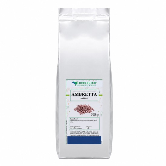 Ambretta semi interi 500 g Erbologica Amazonas Andes Confezione argento da 500 g di Ambretta semi interi Erbologica Amazonas Andes con etichetta frontale del prodotto.