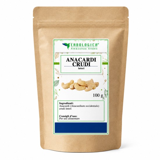 Anacardi crudi interi 100 g Erbologica Amazonas Andes Pouch kraft da 100 g di Anacardi crudi interi Erbologica Amazonas Andes con etichetta botanica frontale.