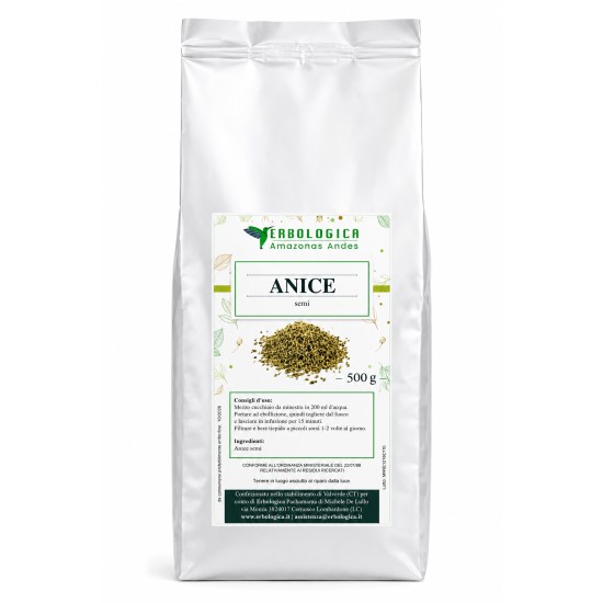 Anice semi 1 kg in busta argento Erbologica Amazonas Andes Busta argento Erbologica Amazonas Andes con etichetta anice semi da 1 kg su sfondo bianco.