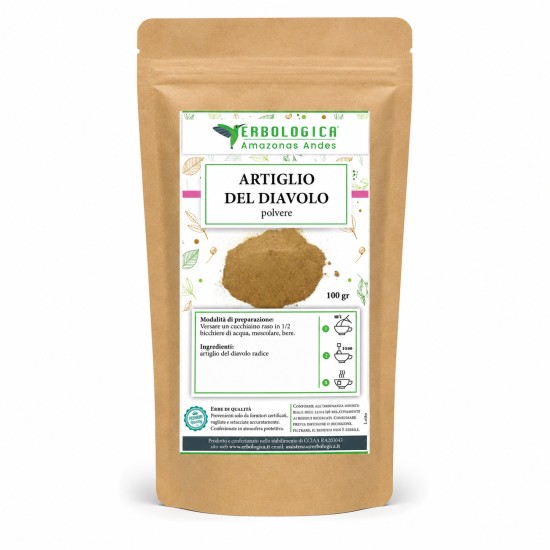 Artiglio del Diavolo Polvere Erbologica Amazonas Andes 100g Busta kraft da 100g di Artiglio del Diavolo polvere Erbologica Amazonas Andes con etichetta botanica frontale.
