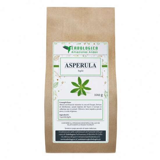 Busta kraft da 100g di Asperula foglie Erbologica Amazonas Andes con etichetta botanica frontale.