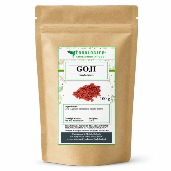 Busta kraft Goji bacche intere 100 g Erbologica Amazonas Andes con etichetta botanica su sfondo bianco per e-commerce