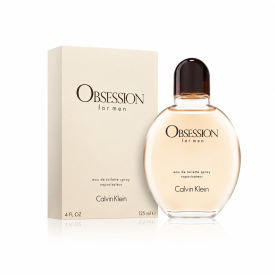 Flacone di Calvin Klein Obsession for Men Eau de Toilette Spray 125 ml con confezione originale color avorio su sfondo bianco.