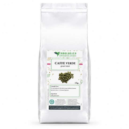 Caffè Verde Grani Interi 1kg Erbologica Amazonas Andes Pouch Argentato Pouch argentato da 1kg di Caffè Verde Grani Interi Erbologica Amazonas Andes con etichetta botanica frontale e immagine dei chicchi di caffè verde.