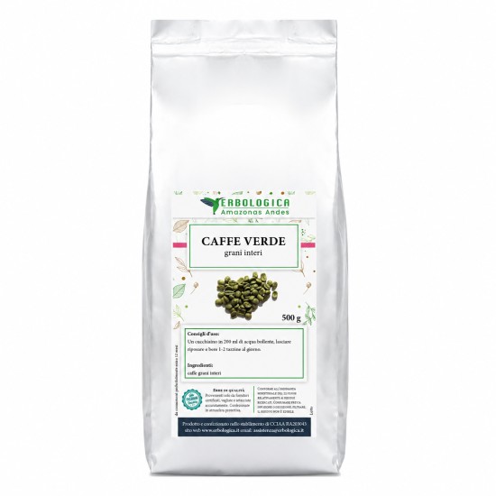 Caffè Verde Grani Interi 500g Erbologica Amazonas Andes Confezione Argentata Confezione argentata da 500g di Caffè Verde Grani Interi Erbologica Amazonas Andes con etichetta frontale botanica e immagine dei chicchi di caffè verde.