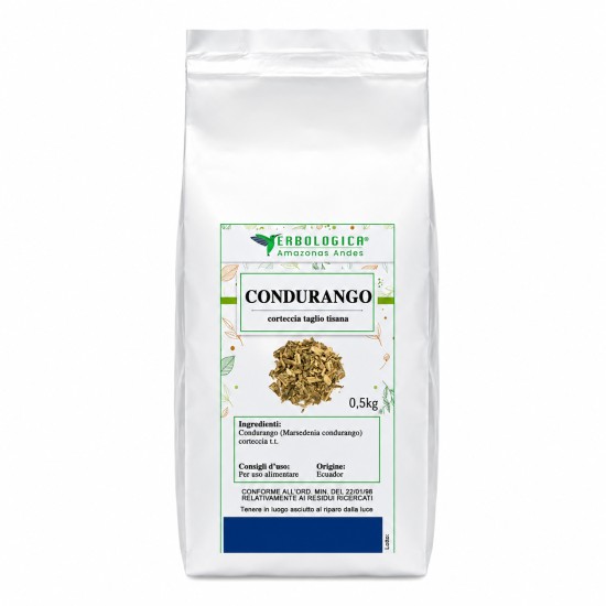 Busta argentata da 500g di Condurango corteccia taglio tisana Erbologica Amazonas Andes per infusi e preparazioni erboristiche naturali.