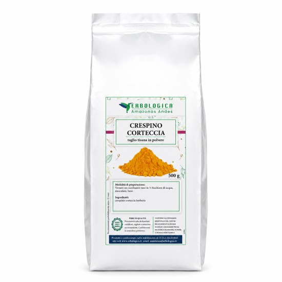Confezione da 500 g di Crespino Corteccia in Polvere Erbologica Amazonas Andes in busta richiudibile