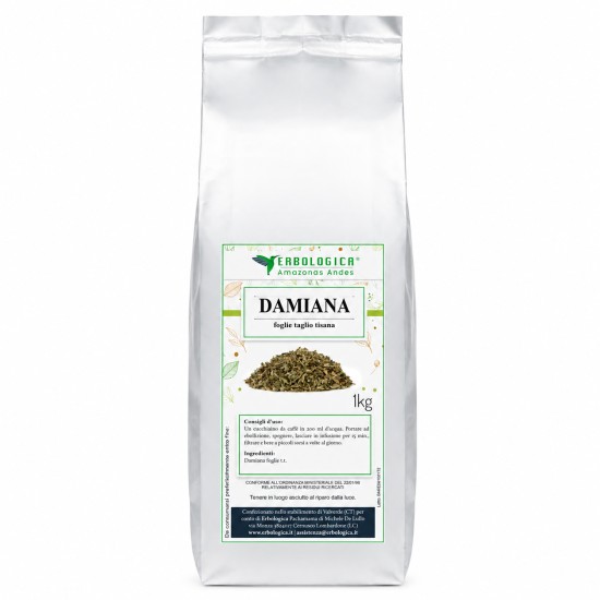 Busta Damiana Foglie Taglio Tisana 1 kg Erbologica Amazonas Andes Confezione da 1 kg di Damiana Foglie Taglio Tisana Erbologica Amazonas Andes in busta richiudibile per uso alimentare.
