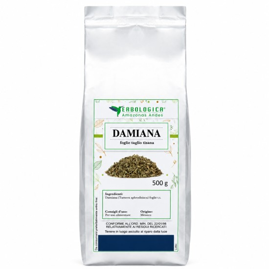 Confezione Damiana Foglie Taglio Tisana 500 g Erbologica Amazonas Andes Busta richiudibile di Damiana Foglie Taglio Tisana 500 g Erbologica Amazonas Andes per infusi e tisane naturali.