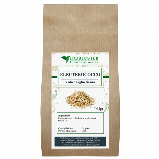 Eleuterococco Radice Taglio Tisana 100gr Erbologica Amazonas Andes Busta di Eleuterococco radice taglio tisana 100gr Erbologica Amazonas Andes in confezione kraft con etichetta frontale per infuso naturale