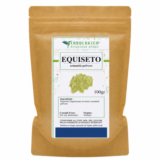 Busta di Equiseto in Polvere 100gr Erbologica Amazonas Andes, polvere di Equisetum arvense per preparazioni erboristiche e uso alimentare.