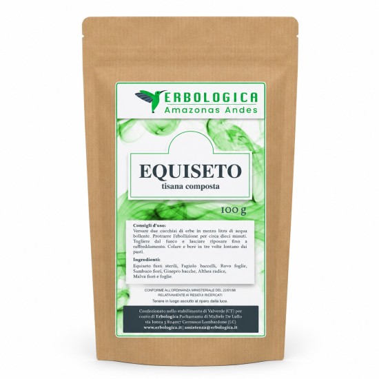 Busta di Equiseto Tisana Composta 100gr Erbologica Amazonas Andes, miscela di erbe officinali per infuso naturale confezionata in pratica busta kraft.