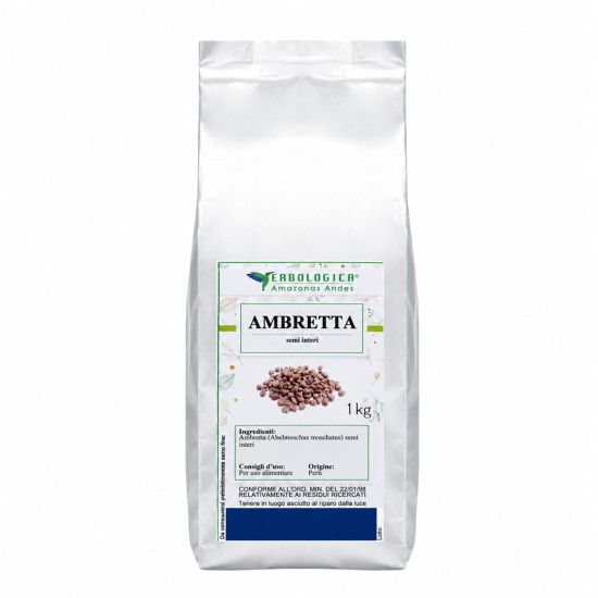Ambretta semi interi 1 kg Erbologica Amazonas Andes Pouch argento da 1 kg di Ambretta semi interi Erbologica Amazonas Andes con etichetta botanica frontale.