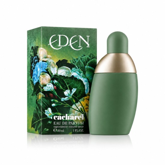 Cacharel Eden Eau de Parfum 30ml Confezione e Flacone Confezione e flacone di Cacharel Eden Eau de Parfum 30ml con grafica floreale verde sulla scatola e flacone verde opaco dal design arrotondato su sfondo bianco.