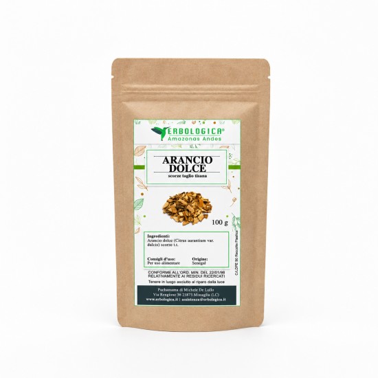 Sacchetto di carta kraft Erbologica Amazonas Andes con Arancio Dolce scorze taglio tisana 100 g ed etichetta botanica verde.