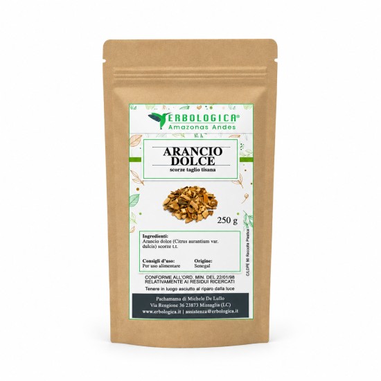 Busta di carta kraft Erbologica Amazonas Andes con Arancio Dolce scorze taglio tisana 250 g ed etichetta botanica verde.