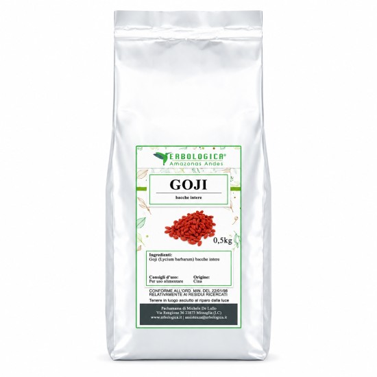 Goji bacche intere 500g in busta argentata Erbologica Amazonas Andes su sfondo bianco per ecommerce