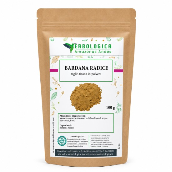 Bardana Radice in Polvere 100g (Arctium lappa) Erbologica Amazonas Andes Bardana radice in polvere (Arctium lappa) in busta kraft da 100g Erbologica Amazonas Andes