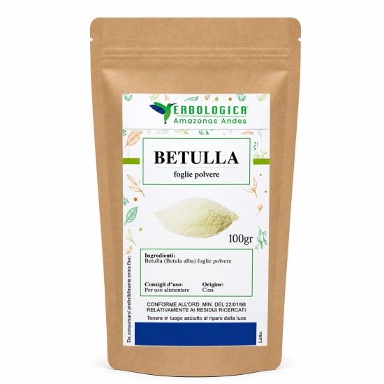 Busta kraft da 100g di Betulla Foglie Polvere Erbologica Amazonas Andes con etichetta prodotto frontale.