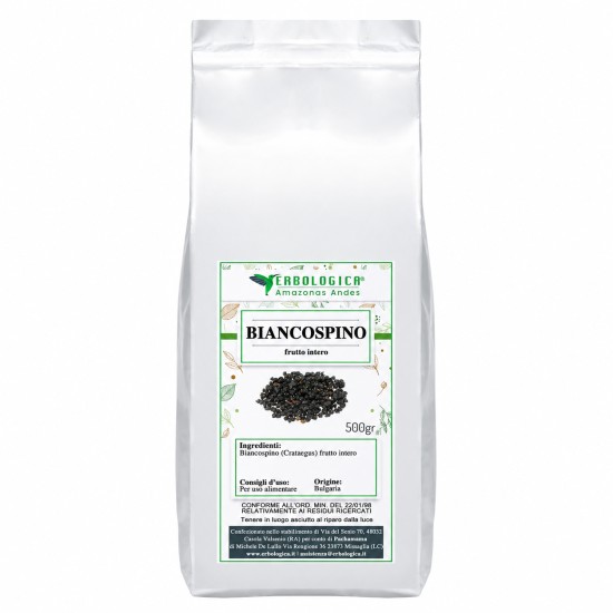 Pouch argentato da 500g di Biancospino Frutto Intero Erbologica Amazonas Andes