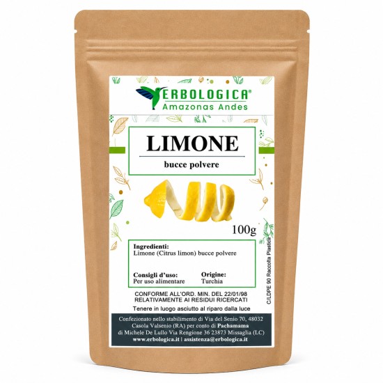 Limone Bucce Polvere 100g Erbologica Amazonas Andes Busta Kraft Busta kraft da 100g di Limone (Citrus limon) bucce polvere Erbologica Amazonas Andes con etichetta illustrata e scorza di limone su sfondo bianco.
