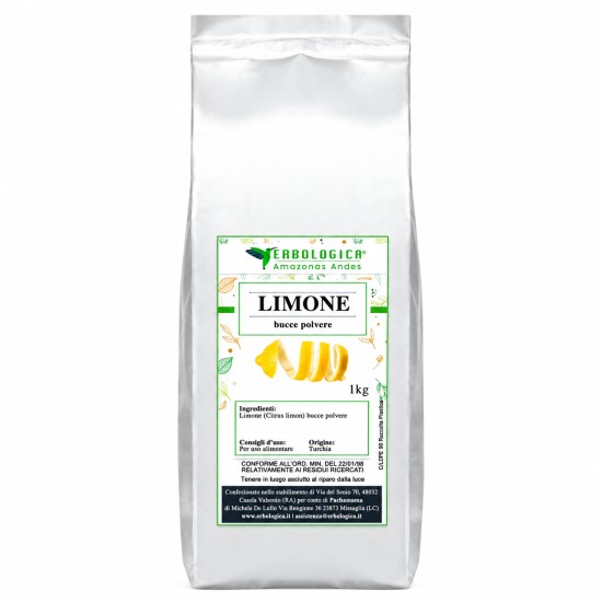 Limone Bucce Polvere 1kg Erbologica Amazonas Andes Sacco Argentato Sacco argentato da 1kg di Limone (Citrus limon) bucce polvere Erbologica Amazonas Andes con etichetta illustrata e scorza di limone su sfondo bianco.