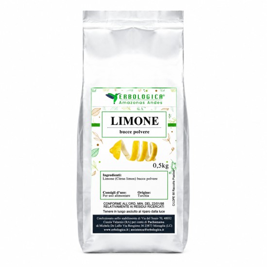 Limone Bucce Polvere 500g Erbologica Amazonas Andes Pouch Argentato Pouch argentato da 500g di Limone (Citrus limon) bucce polvere Erbologica Amazonas Andes con etichetta illustrata e scorza di limone su sfondo bianco.