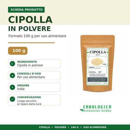 Cipolla in polvere Erbologica per cucina e condimenti Cipolla in polvere Erbologica spezia fine per sughi, zuppe, salse, carne, verdure e condimenti naturali