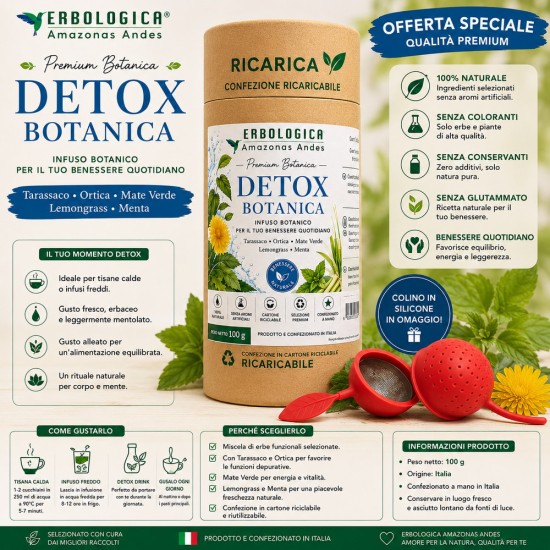 Detox Botanica Premium con Tarassaco, Ortica, Mate Verde, Lemongrass e Menta - Infuso naturale confezionato a mano in Italia